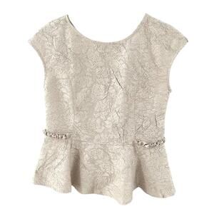 Zara W&B Collection Lace Peplum Top Blouse Sleeveless Back ZipUp Stretch M Beige